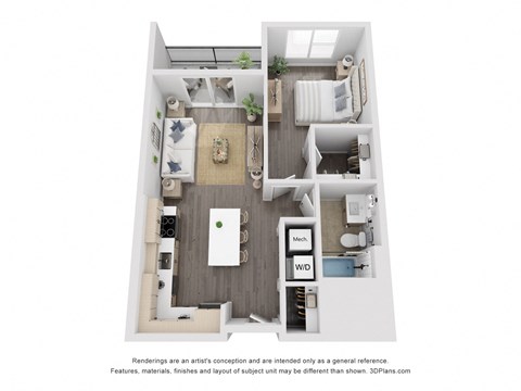 Floor plan for 1 bed, 1 bath, 695 sqft